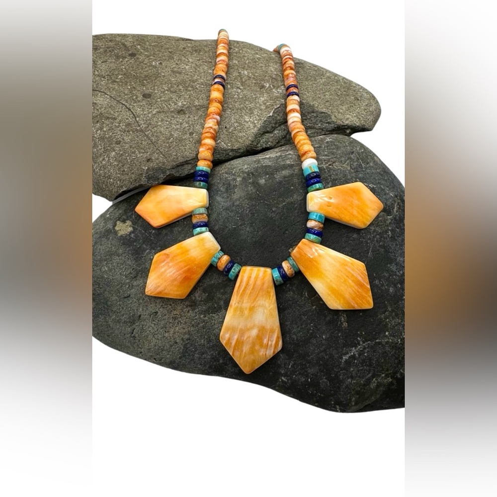 Native American Turquoise Lapis Spiny Oyster Multi Stone Bib Beaded Necklace - Picture 3 of 6